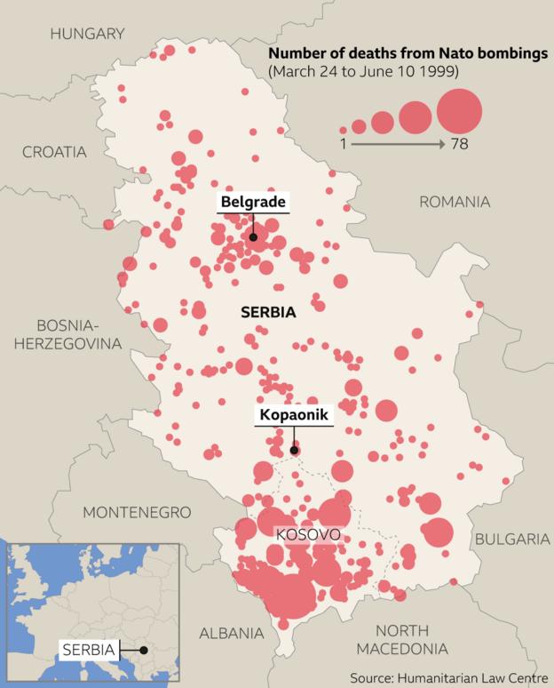 Map of Nato bombings during the Kosovo War