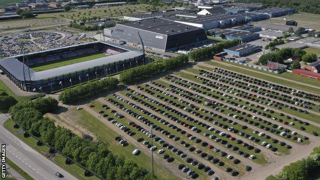 Hundreds of cars containing fans at the FC Midtjylland v AC Horsens game