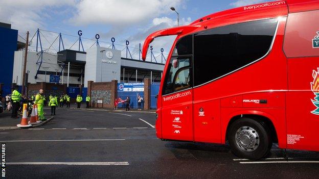 There were few fans present when the Liverpool team coach arrived at Goodison Park for the Merseyside derby