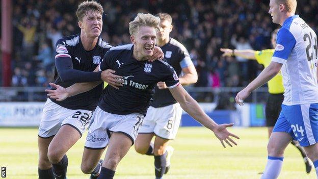 A-Jay Leitch-Smith celebrates scoring Dundee's second goal against St Johnstone