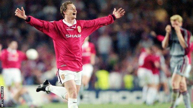 Ole Gunnar Solskjaer celebrates at the end of the 1999 European Cup final