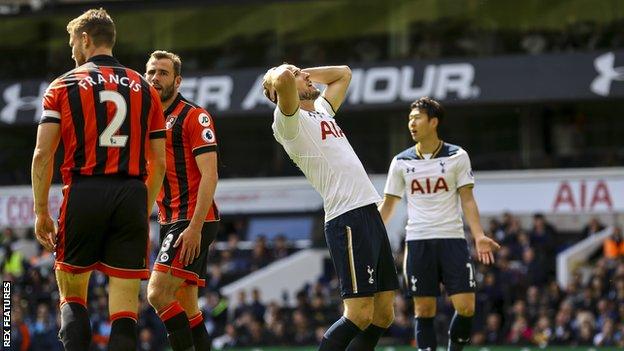 Harry Kane reacts after missing against Bournemouth