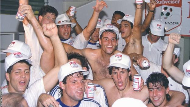 United States celebrate qualifying for the 1990 World Cup with victory over Trinidad and Tobago
