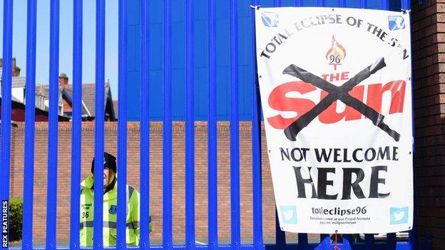 Anti Sun campaign posters outside Goodison Park this afternoon,