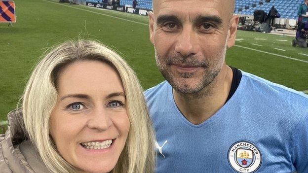 Nicola McCarthy joins the title celebrations with City manager Pep Guardiola