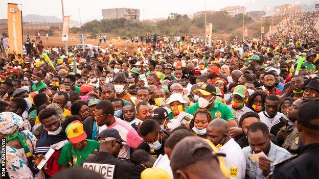 The crowd outside the Olembe stadium ahead of Cameroon v Comoros at the 2021 Africa Cup of Nations
