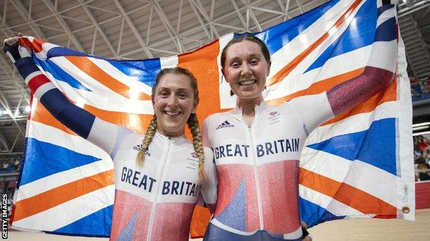 Laura Kenny and Katie Archibald celebrate madison gold at Tokyo 2020