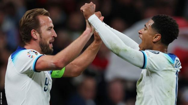 Harry Kane and Jude Bellingham celebrate an England goal