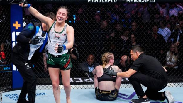 Alexa Grasso celebrates with Valentina Shevchenko comforted in the background