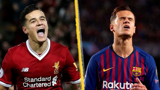 Philippe Coutinho (left) at Liverpool and (right) at Barcelona