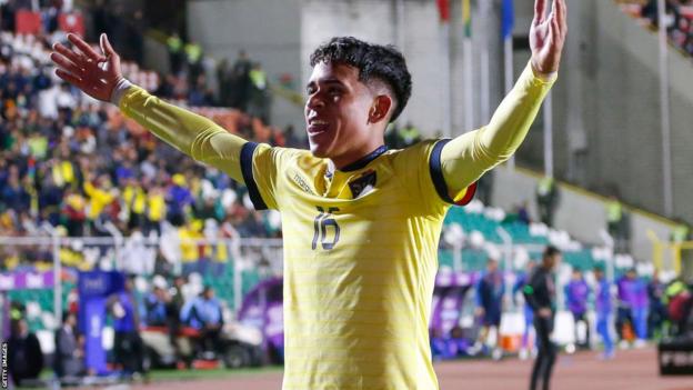 Kendry Paez celebrates a goal for Ecuador
