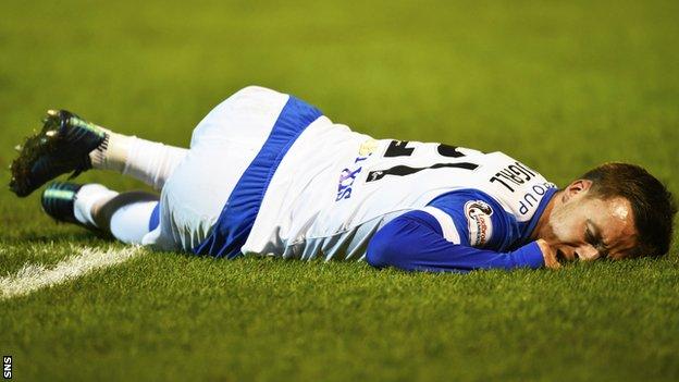 St Johnstone midfielder Stefan Scougall lies injured against Motherwell