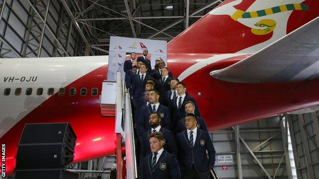 Australia's rugby union team on a Qantas plane