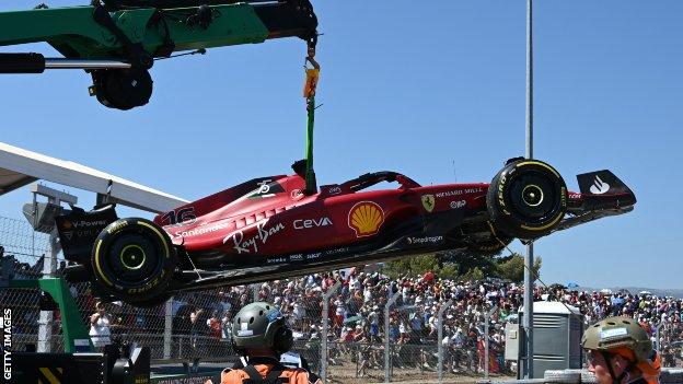 Charles Leclerc's Ferrari is lifted off the Circuit Paul Ricard