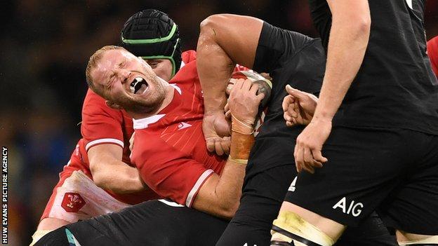 Wales back row Ross Moriarty was forced off the field in the first half against New Zealand after this incident