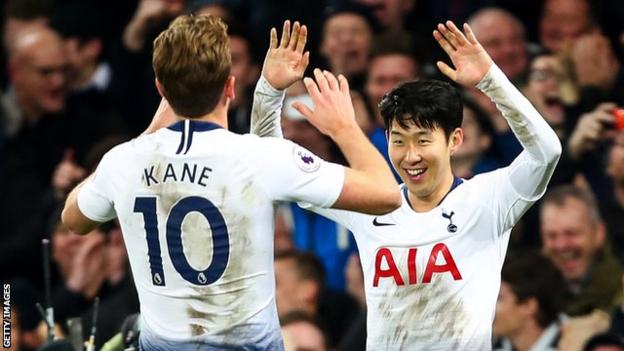 Son Heung-min celebrates with Harry Kane during Tottenham's win over Tottenham