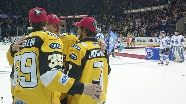 Nottingham Panthers players celebrate their Elite League Play-Offs success