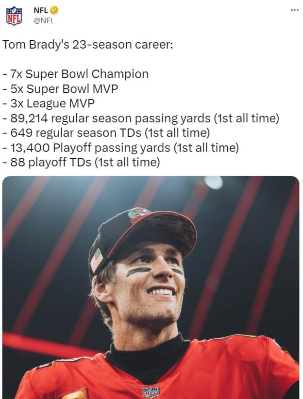 NFL tweet: 'Tom Brady's 23-season career: 7x Super Bowl champion, 5x Super Bowl MVP, 3x League MVP, 89,214 regular season passing yards, 649 regular season touchdowns, 13,400 play-off passing yards, 88 playoff touchdowns'