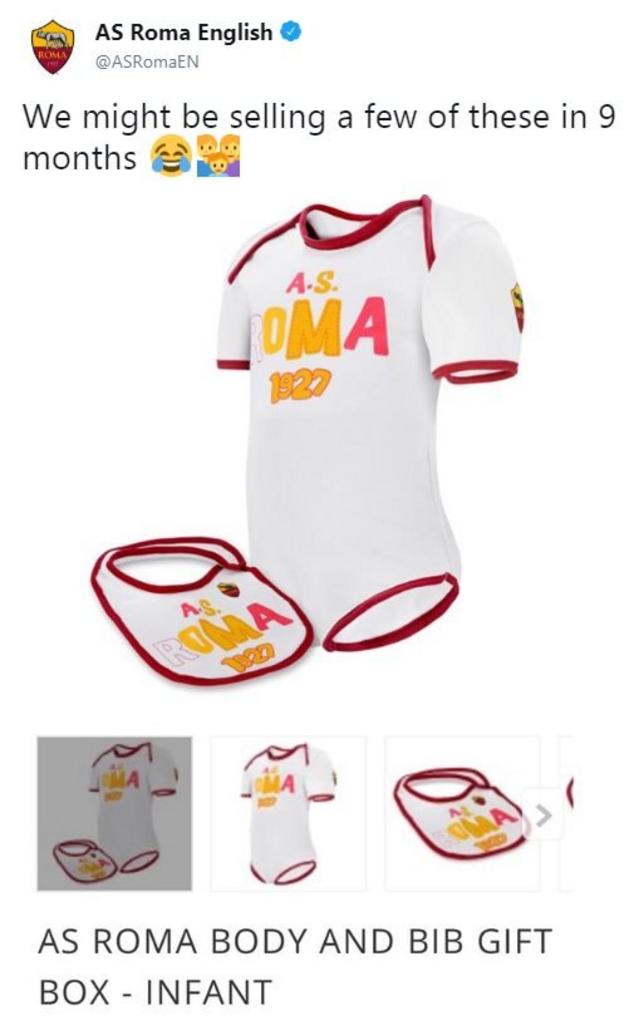 Roma's twitter account celebrates their comeback against Barcelona with a joke about selling Roma baby-grows nine months after their victory