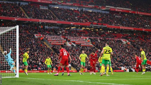 Virgil van Dijk scores Liverpool's fourth goal in the Reds' FA Cup home game against Norwich.