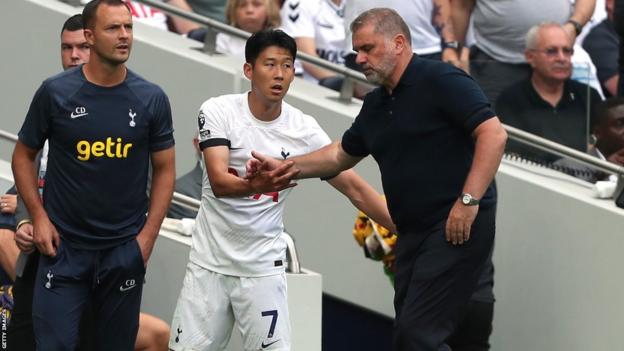 Ange Postecoglou (R), Son Heung-min and Chris Davies (L)