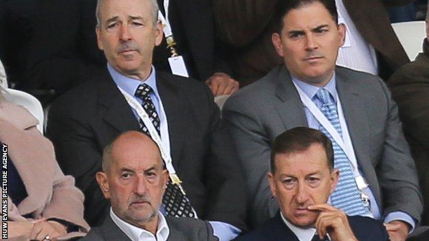 Swansea City's American owners Stephen Kaplan, back left, and Jason Levien, back right, with chairman Huw Jenkins, front right