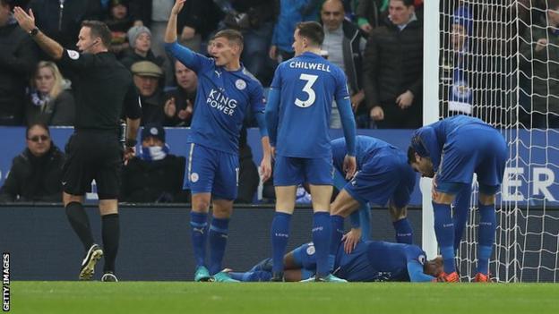 Gray hurt himself as he crashed into the post to score Leicester's match-winner.