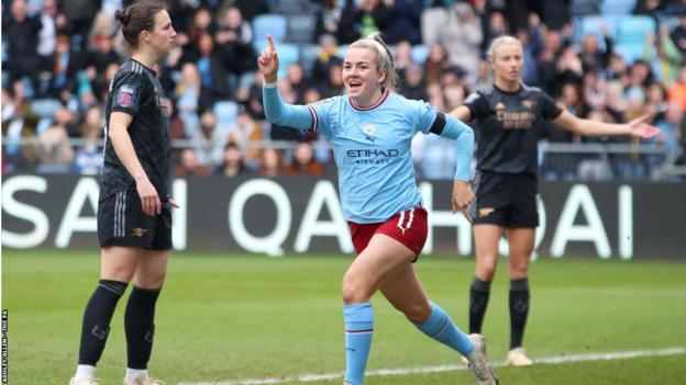 Lauren Hemp celebrates a goal for Manchester City