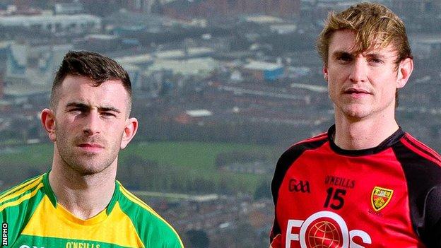 Donegal's Patrick McBrearty and Caolan Mooney of Down
