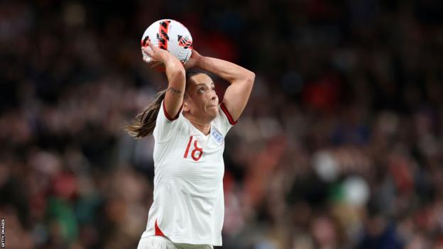 Lucy Staniforth takes a throw-in while playing for England in 2021