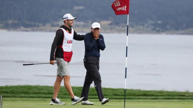 Hawaiian Allisen Corpuz lifts the US Women's Open trophy at Pebble Beach