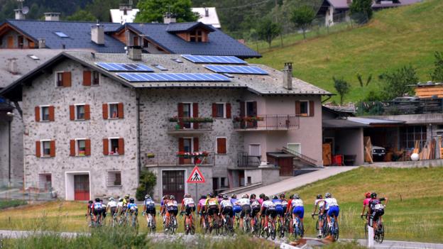 VALFUVA, ITALY - JULY 09: Peloton / Aquilone Village / Caravan / Landscape / during the 30th Tour of Italy 2019 - Women, Stage 5 a 100,7km stage from Ponte in Valtellina to Passo Gavia - Valfurva (2652m) / Giro Rosa / #GiroRosa / @GiroRosaIccrea / on July 09, 2019 in Valfurva, Italy. (Photo by Luc Claessen/Getty Images)