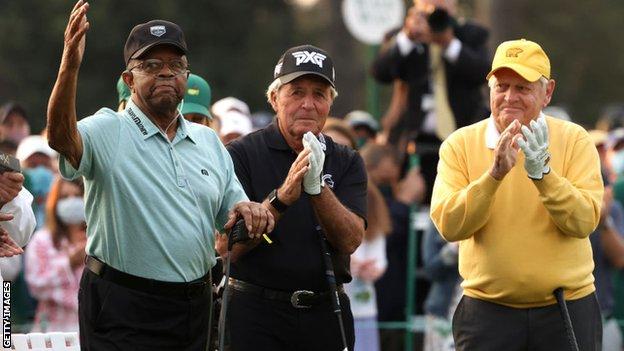 Lee Elder (left) alongside Gary Player and Jack Nicklaus for the Masters opening ceremony in April
