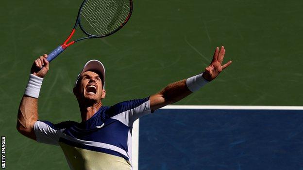 Andy Murray serves during his US Open third round match against Matteo Berrettini at the US Open