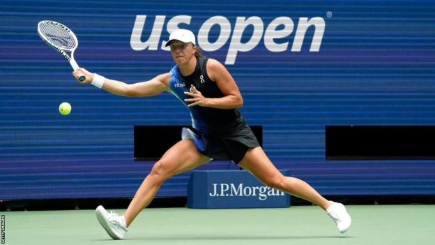 Iga Swiatek in action in her opening match of the 2023 US Open