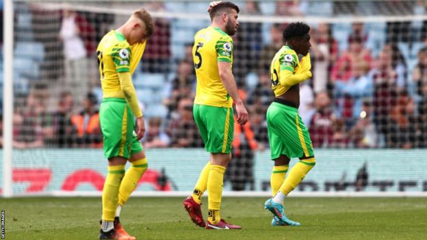 Norwich City players leave the pitch following their side's defeat and relegation to the Championship during the Premier League match between Aston Villa and Norwich City at Villa Park on April 30, 2022