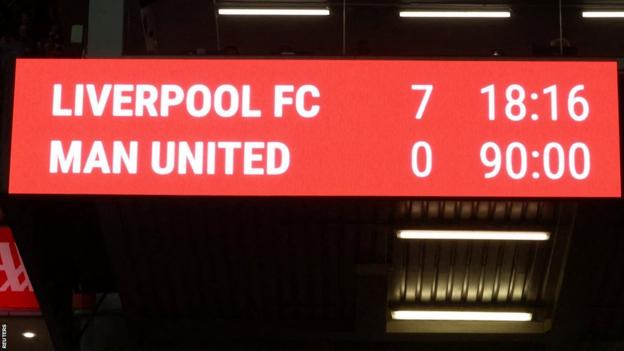 The electronic scoreboard at Anfield after full-time following Liverpool's 7-0 win over Manchester United