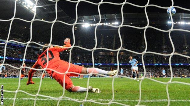 Gabriel Jesus scores one of his two penalties against Shakhtar Donetsk. The Brazilian went on to complete his hat-trick