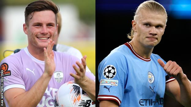 Split image of Notts County Macaulay Langstaff and Manchester City's Erling Haaland