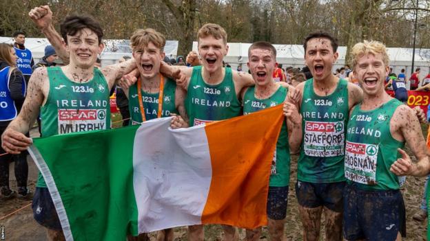 Nick Griggs (second from left) celebrates with Irish team-mates Niall Murphy, Seamus Robinson, Harry Colbert, Jonas Stafford and Shane Brosnan after they clinched under-20 team gold in Brussel