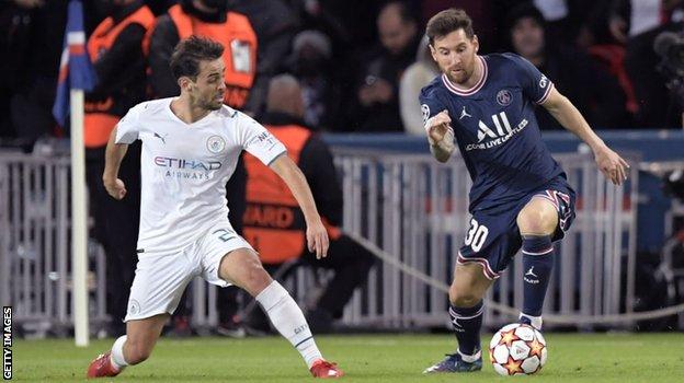 Bernardo Silva challenges Lionel Messi during PSG's 2-0 win over Manchester City in September