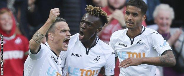 Swansea celebrate Tammy Abraham's goal against Watford
