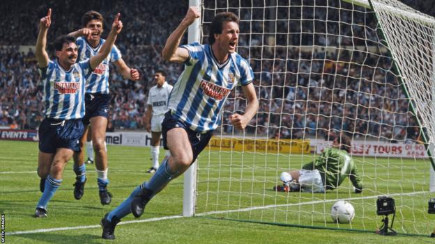 Keith Houchen celebrates scoring Coventry's second goal in the 1987 FA Cup final with Micky Gynn immediately behind