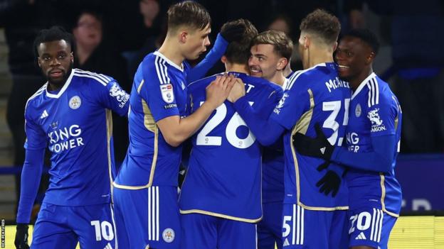 Leicester players celebrate with Keenan Dewsbury-Hall's 10th goal of the season, giving them the lead after just three minutes.