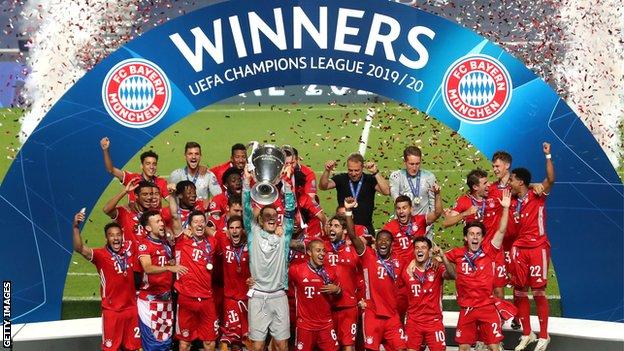 Bayern Munich lifting the Champions League trophy