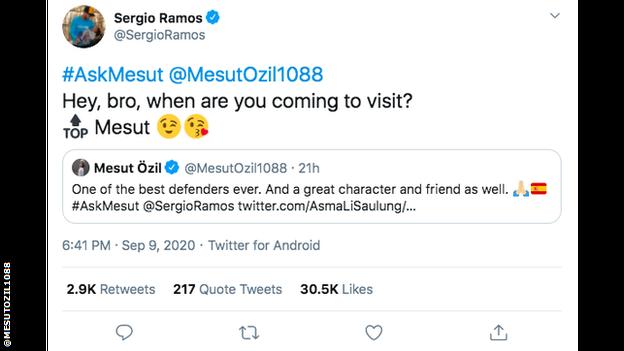 Sergio Ramos asks Ozil when he's coming to visit