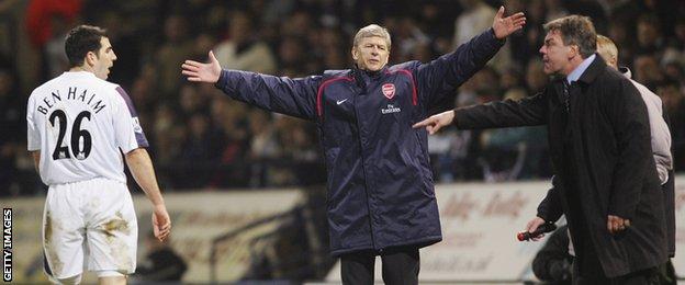 Arsenal manager Arsene Wenger gestures as Bolton Wanderers manager Sam Allardyce has words with Tal Ben Haim