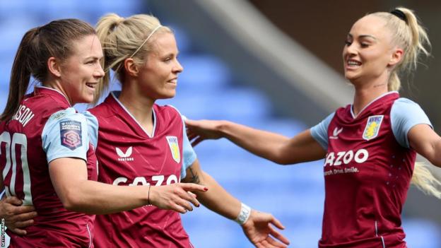 Aston Villa women's players celebrate during the 2022-23 season