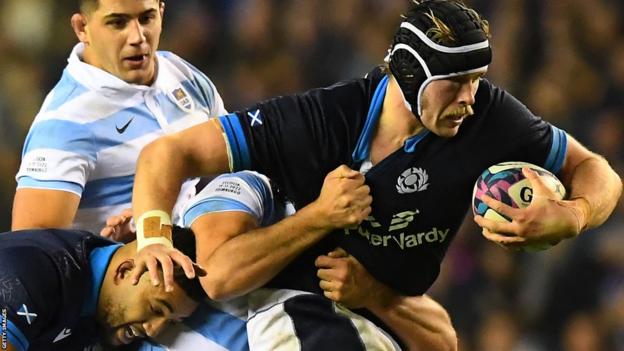 Jonny Gray carrying the ball for Scotland against Argentina