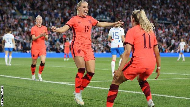 Beth Mead and Lauren Hemp celebrate